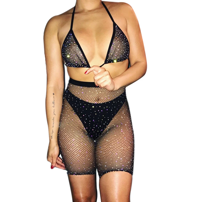 

Rhinestone Lingerie Outfit Women's Underwear Sexy Hot Drilling Fishnet Bra Set Temptation Brassiere Fishnets Bra & Leggings Sets