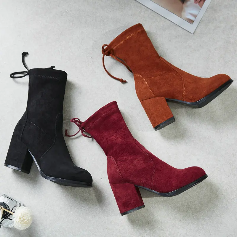 

2019 Women Mid-calf Boots Flock Leather Autumn Winter Short Plush Square Heels Lace-up Boots Women Size 34-39 Socks Boots
