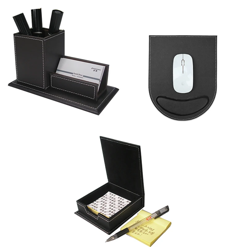 Office Desk Accessories Set Modern Pen Holder Name Card Holder Memo Pad Box Mouse Pad PU Leather Desk Organizer