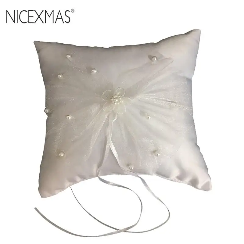

NICEXMAS Wedding Ring Pillow Cushion Bridal Flower Pearls Lace Ribbon Decorated Ring Bearer Pillow