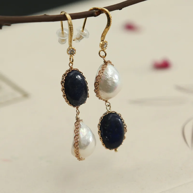 

special-shaped pearl lapis lazuli concise fashion temperament imported Earrings Jewelry Wholesale mixed batch