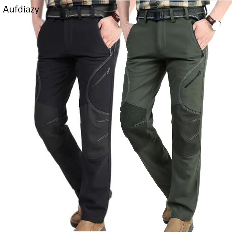 Aufdiazy Winter Men Fleece Softshell Hiking Pants Black Outdoor Sports Male Waterproof Windproof Thermal Camping Trousers JM023