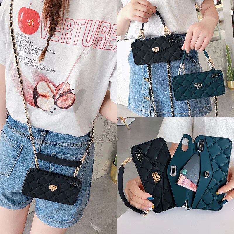 

Wallet cell phone case is suitable mobile phone6 7 Xr XSmax with chain inclined back and hand-held silica gel sleeve
