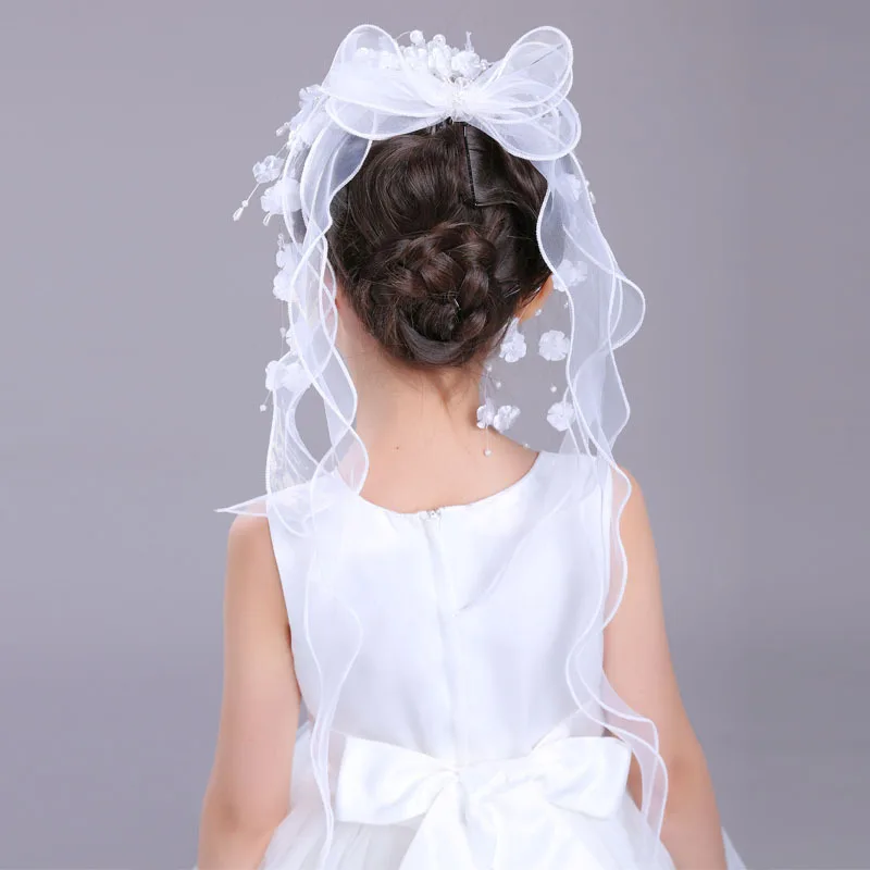 Цветочная корона, вуаль для первого причастия, жемчужная Шпилька, свадебное платье, аксессуары для волос, детский выдающийся белый головной убор с бантом