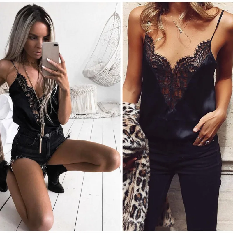 Patchwork Camis Women Sexy Spaghetti Strap Lace Stain Tops Black Shirts Camisole Inner Shirt Summer Crop Top For Womens Hot