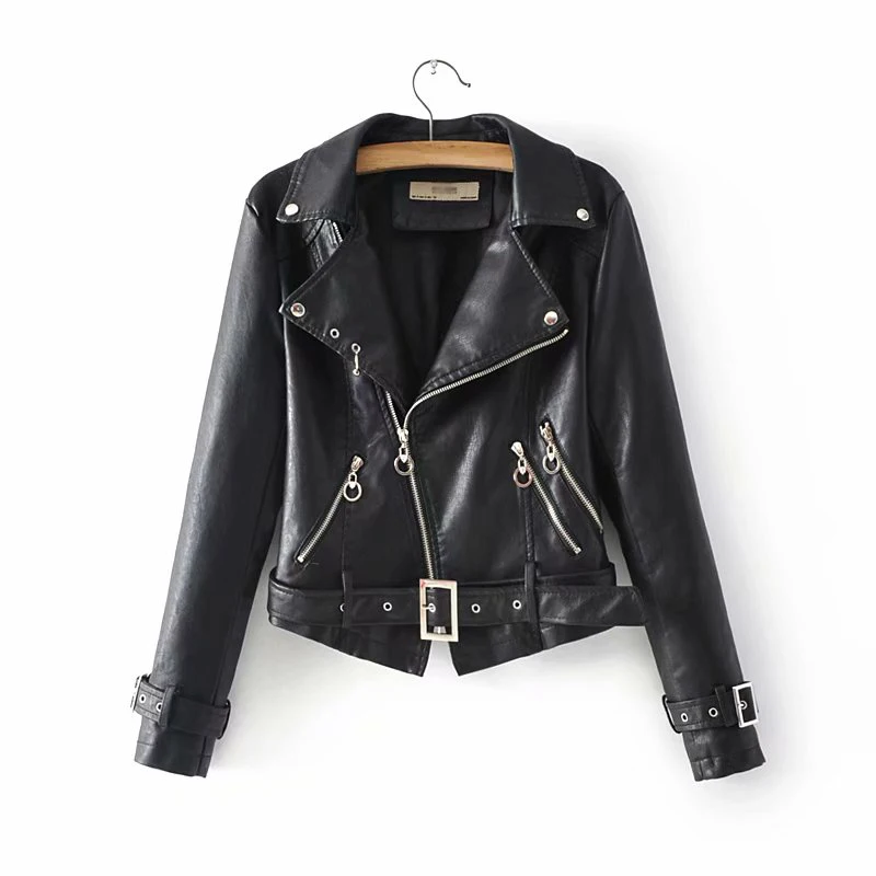 

New Women Faux Leather Black Jackets with Belt Ladies Moto-bikers Green Short PU Jacket Womens Streetwear Punk Slim Coats Girls