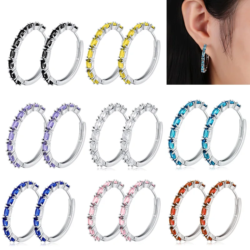 

2019 New Occident Fashion Minimalist Circle Blue Black Pink Colorful Cubic Zirconia Loop Hoop Earrings for Women Small Hoops