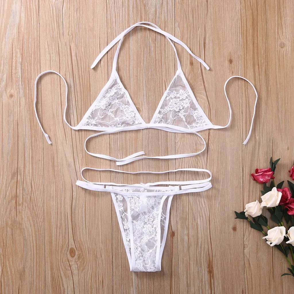 

swimwear women 2019 transparent bikini Sexy Lace Mesh Perspective Solid Beachwear Swimsuit brazilian Bikini Set white biquini