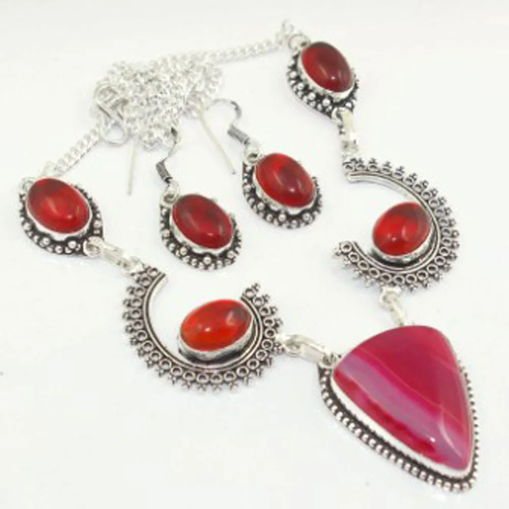 

Rubys & Botswana Agates Necklace Earing Silver Overlay over Copper, 50cm , N3138