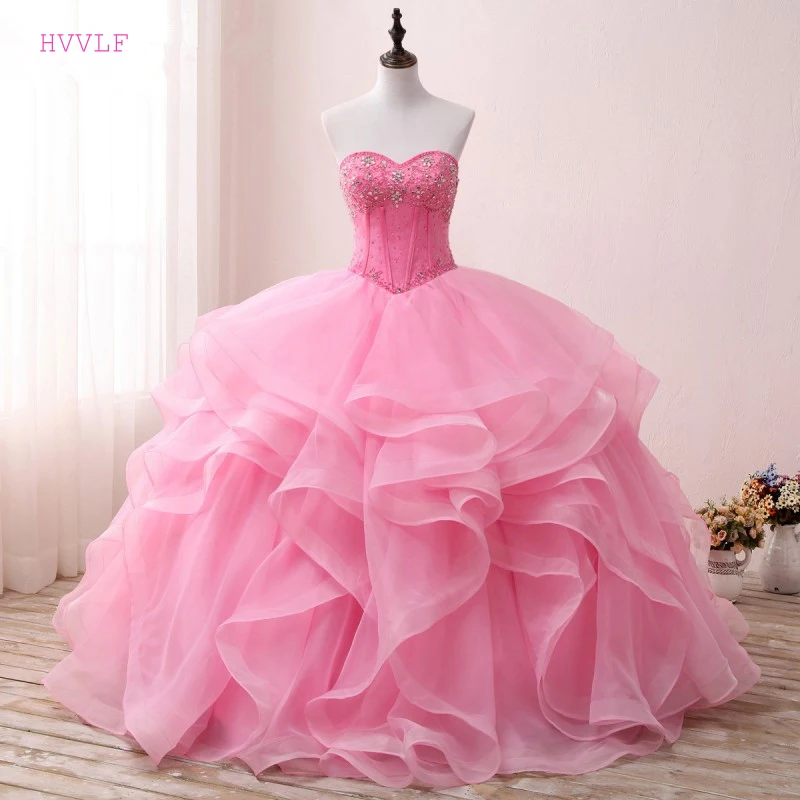 

Pink Puffy 2019 Cheap Quinceanera Dresses Ball Gown Sweetheart Tulle Beaded Crystals Ruffles Sweet 16 Dresses