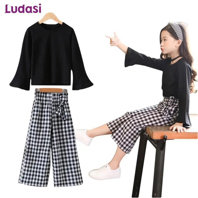 

Girls Sets Spring Children Clothes For Girls Suits Kids Cotton Tops Black T-shirts+Plaid Pants Loose Trousers Wide Leg Pants