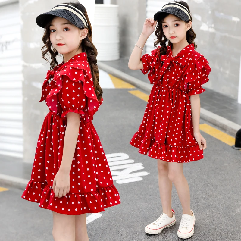 Летнее праздничное платье принцессы в горошек для девочек; милое школьное платье для выступлений; красное платье с бантом для девочек на Рождество и свадьбу; детская одежда