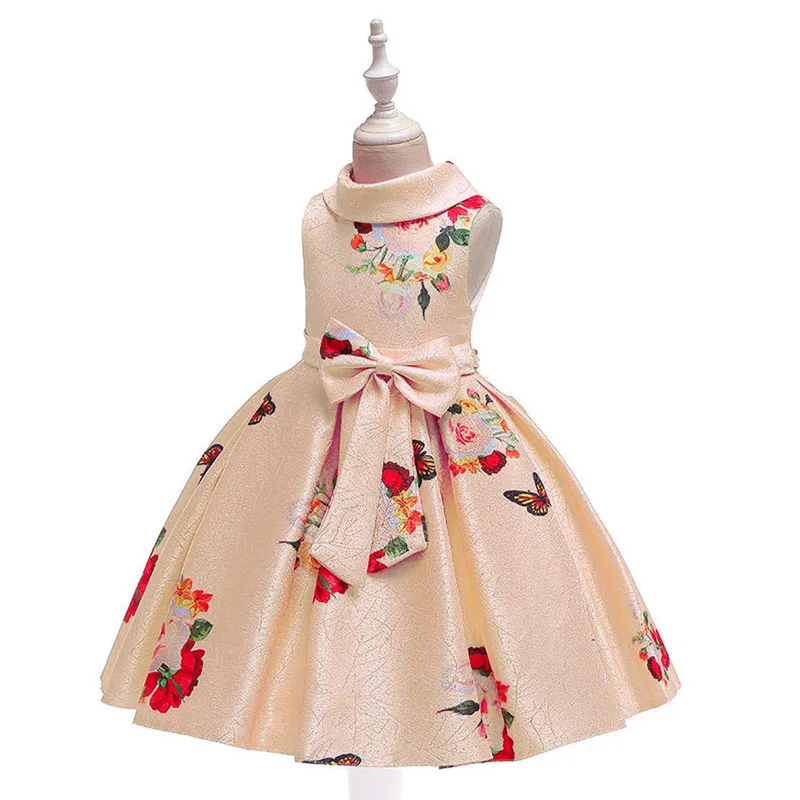Детское платье с принтом; коллекция года; Летние Элегантные вечерние платья принцессы с отворотами для маленьких девочек; милая одежда для дня рождения с бантом