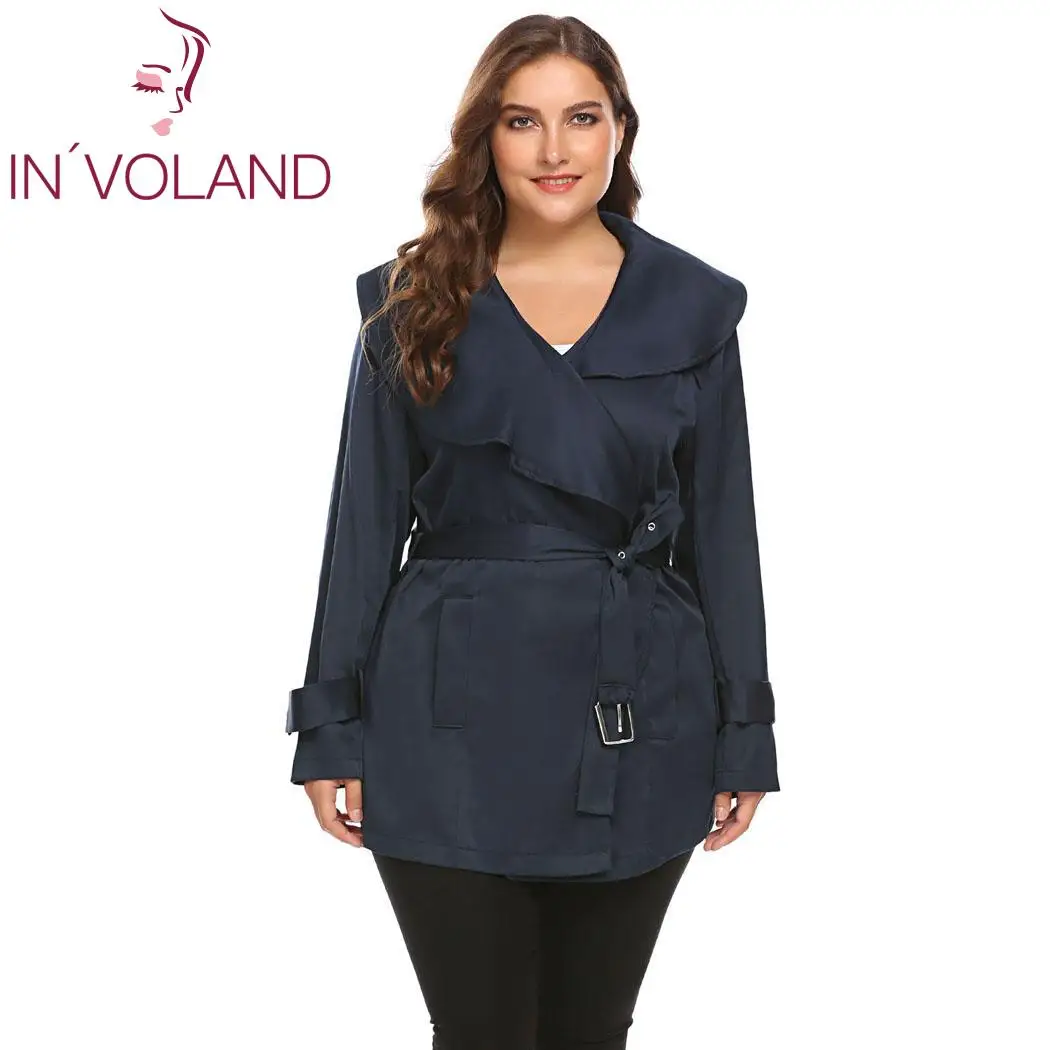 IN'VOLAND размера плюс, Осенний женский плащ, большой размер, повседневная женская однотонная ветровка с длинным рукавом, Женское пальто, верхняя одежда, более размера
