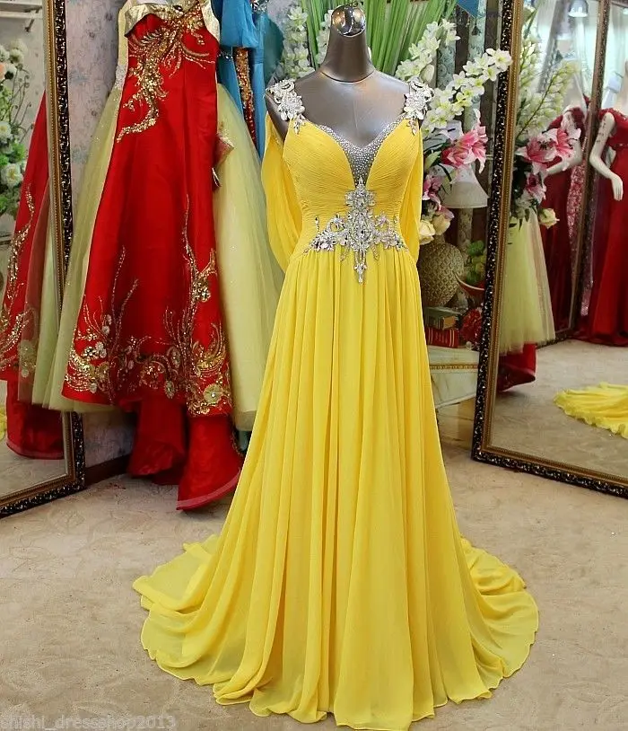 

V-neck Rhinestones Yellow Chiffon Long Prom Dress Beading V Open Back with Long Train Evening Dress
