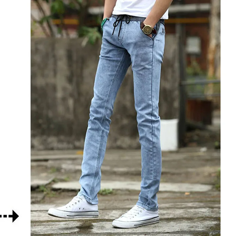 

Fashion 2017 Summer Casual jeans washing male thin little leg men's elastic waist rope leg Teenagers Jeans Pencil pants Men