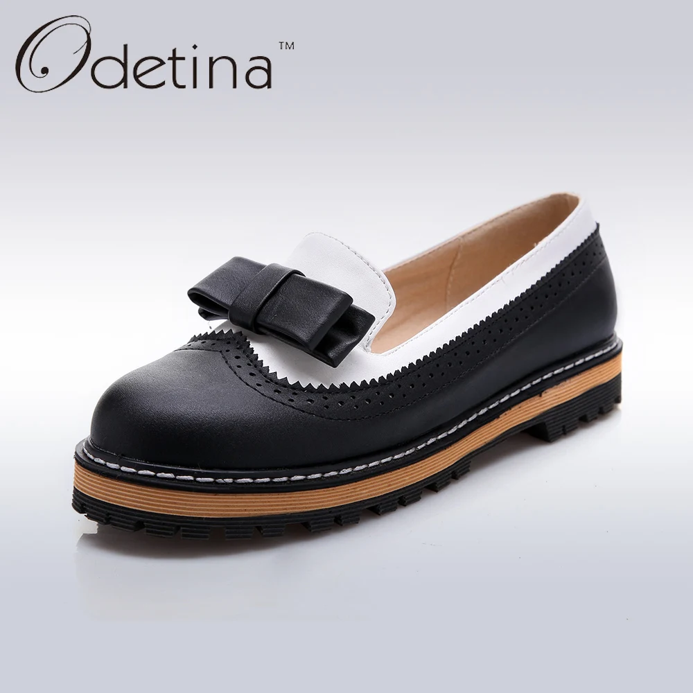 

Odetina 2017 Casual Ladies Slip on Bullock Shoes with Bow Swing Carved Women Loafers Sping&Summer Non-slip Sweet Lolita Shoes