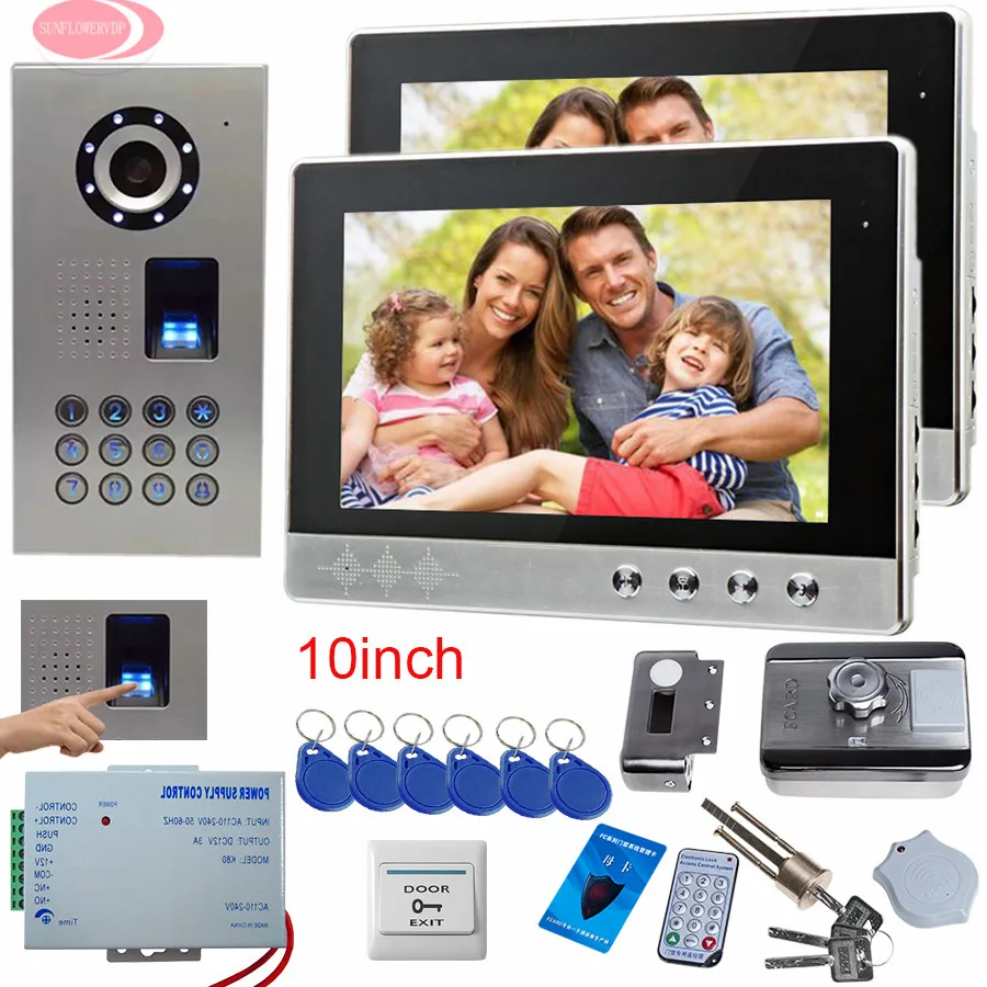 

SUNFLOWERVDP Video Door Phone Intercom 2 Monitor Fingerprint Rfid Electric Door Lock 10Inch Video Doorbell IP65 Waterproof 1V2