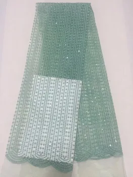 

2019 French net lace fabric with sequins African Lace Fabric 5yards luxury design Green Sequins Lace Fabric For Evening Dress
