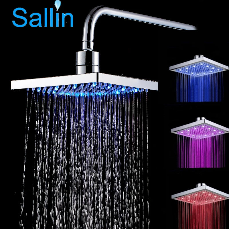 

LED Temperature Sensor Shower Head Three-color Change Ceiling Top Square Shower Sprayer Bathroom Accessories New Arriving