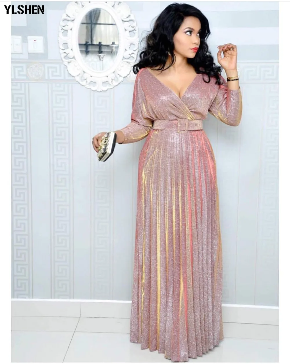 African Dresses for Women Dashiki African Clothes Pleated Skirts Bazin Riche Sexy Chiffon Ruffle Sleeve Robe Evening Long Dress 001