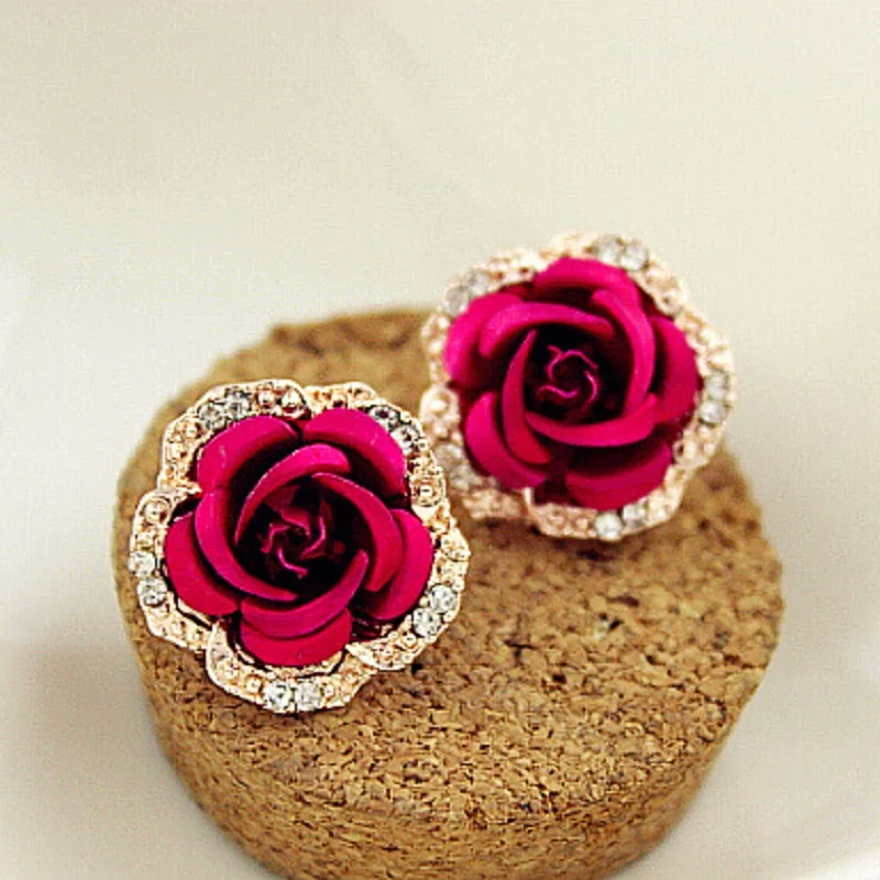 

Ethnic Classic Rose Flower Earring Fashion Brand Rhinestone Party Jewelry Vintage Gold Color Crystal Stud Earrings For Women