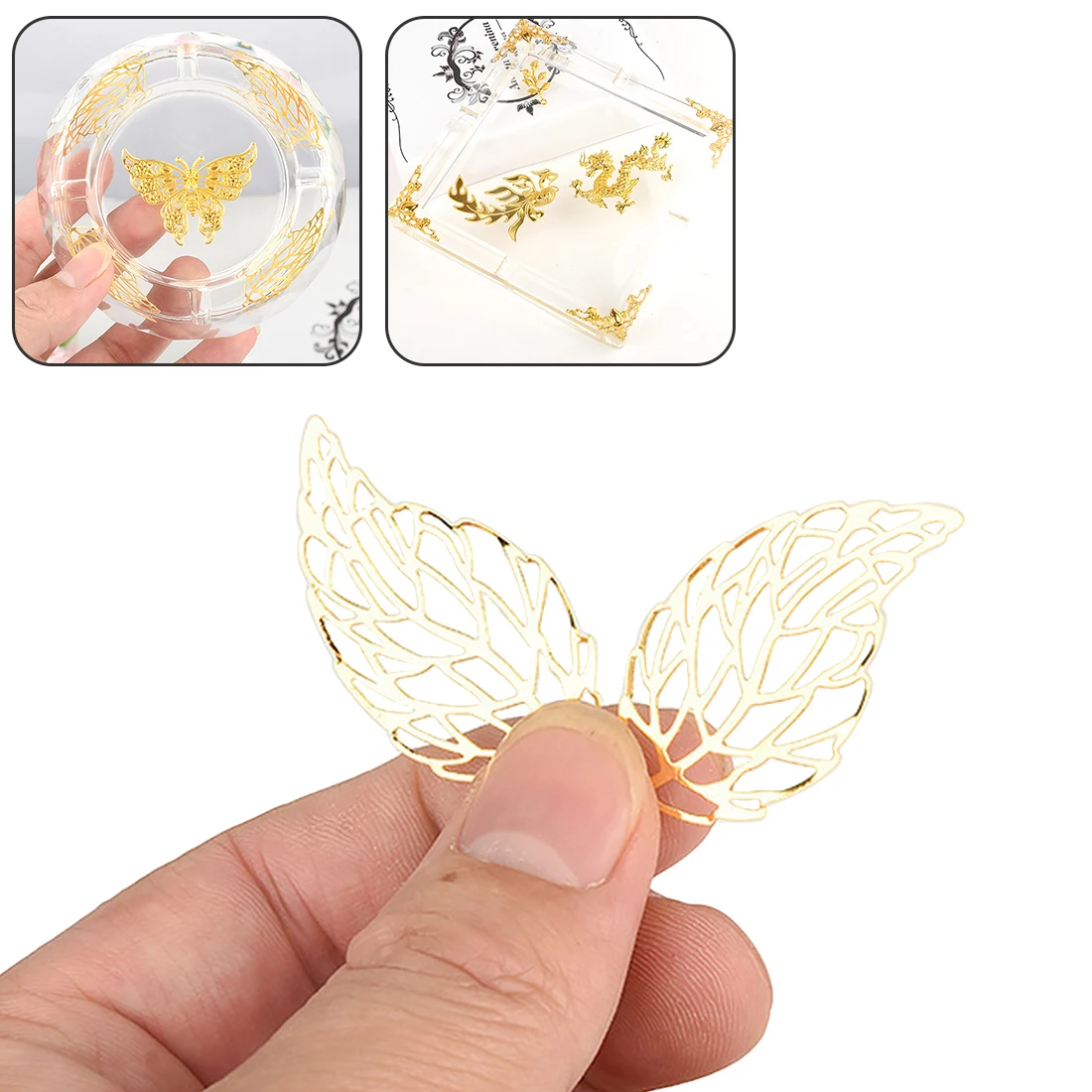 

10pcs Dragon Fan Leaves Butterfly Metal Material epoxy Mold makeing Jewelry Filling Sticker for DIY Ashtray