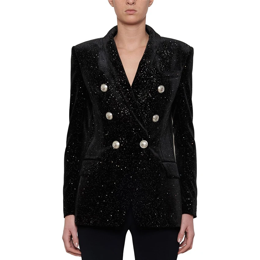 

HIGH QUALITY New Fashion 2019 Fall Winter Designer Blazer Women's Lion Buttons Sheer Star Silver Glitter Velvet Blazer Coat