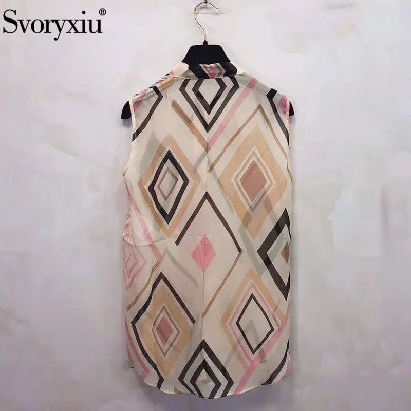 Svoryxiu Silk Blouse Shirt Women's Runway Designer Summer Bow Collar Polka Dot Printed Sleeveless Blouses Tops