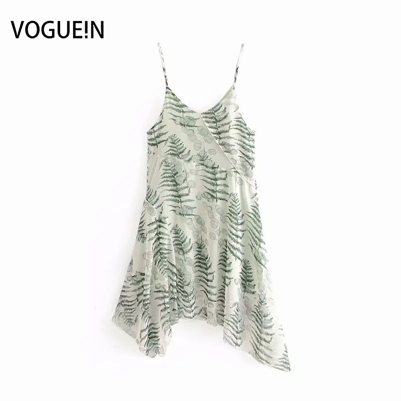 

VOGUEIN New Womens Summer Straps Leaves Print Chiffon Asymmetrical Dress Wholesale