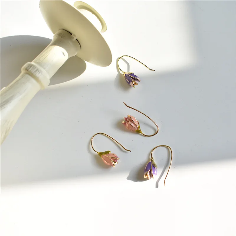 

Vintage Epoxy Metal Tulip Flower Dangle Earrings Cute Korean Earring New Design Fashion Jewelry for Women Girl female Gift