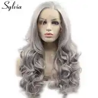 Sylvia long body wave silver grey side part synthetic lace front wigs for women heat resistant fiber hair natural hairline wigs