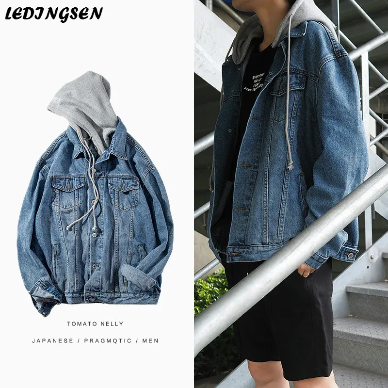 LEDINGSEN мужская синяя негабаритная джинсовая куртка черная с капюшоном мешковатые