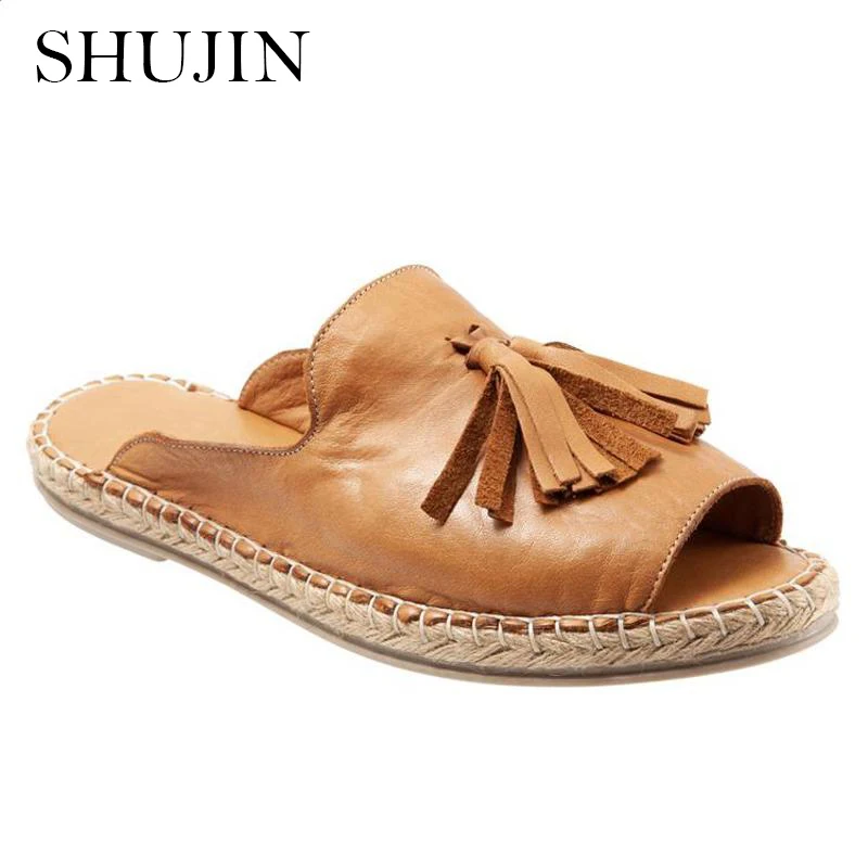 

SHUJIN Women Summer Beach Slippers Comfort Tassels Female Casual Flax Slip On Slipper Sandals Indoor Outdoor Shoes Plus Size