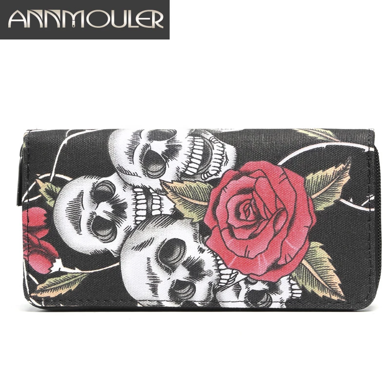 billeteras de lona estampado de calavera y rosa para mujer, carteras de tamaño, Tarjetero con cremallera, bolso de mano|Carteras| - AliExpress