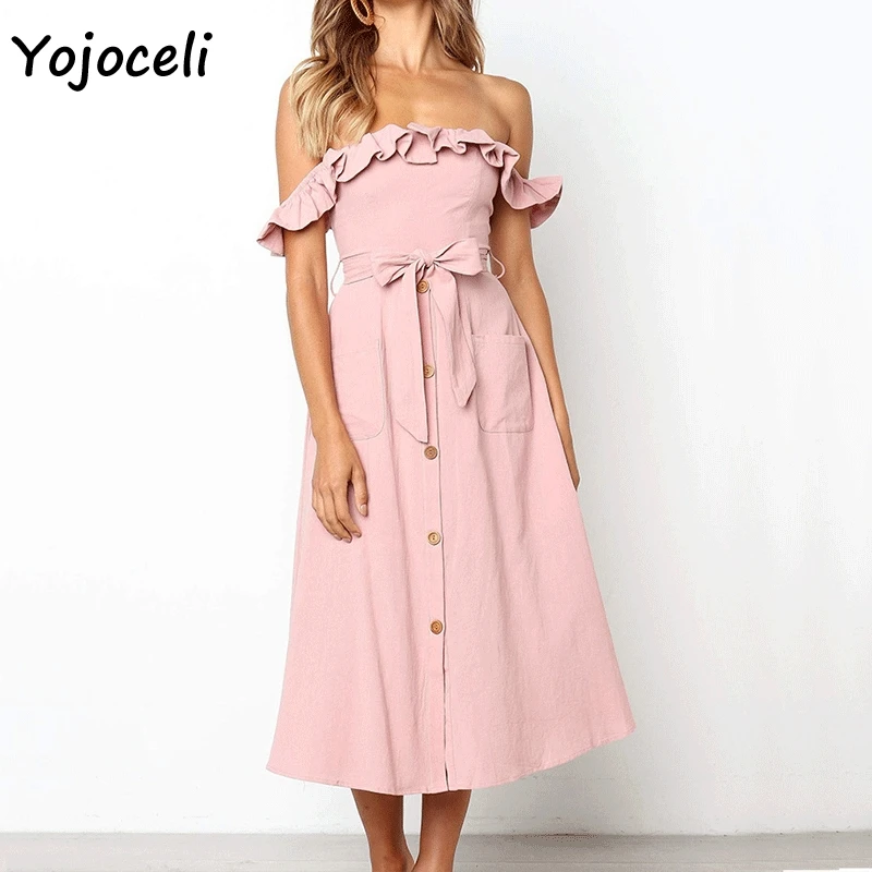 

Yojoceli chic spring summer off shoulder ruffle dress women button front midi dress bohemain bow dress female vestidos
