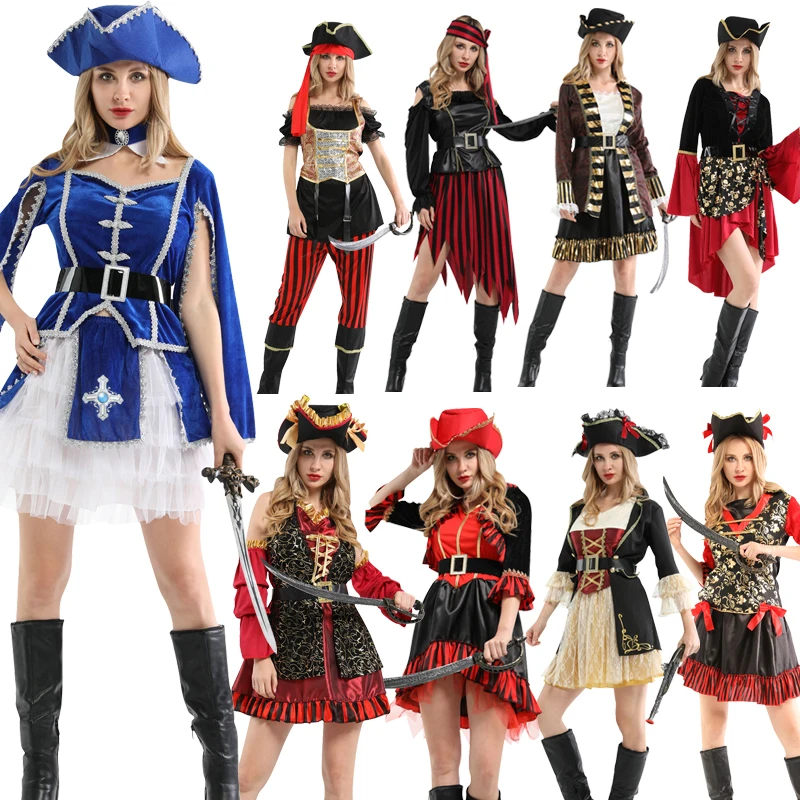 

Free shipping Holiday Halloween Party Pirate Cosplay Costume Caribbean Pirates With hat headwear Adult Women's Party Supplies