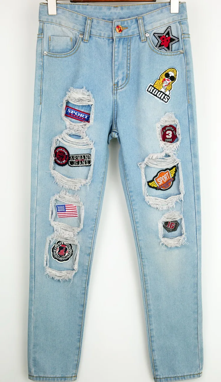 Spring 2018 Womens Blue Cotton Hole Loose Harem Jeans