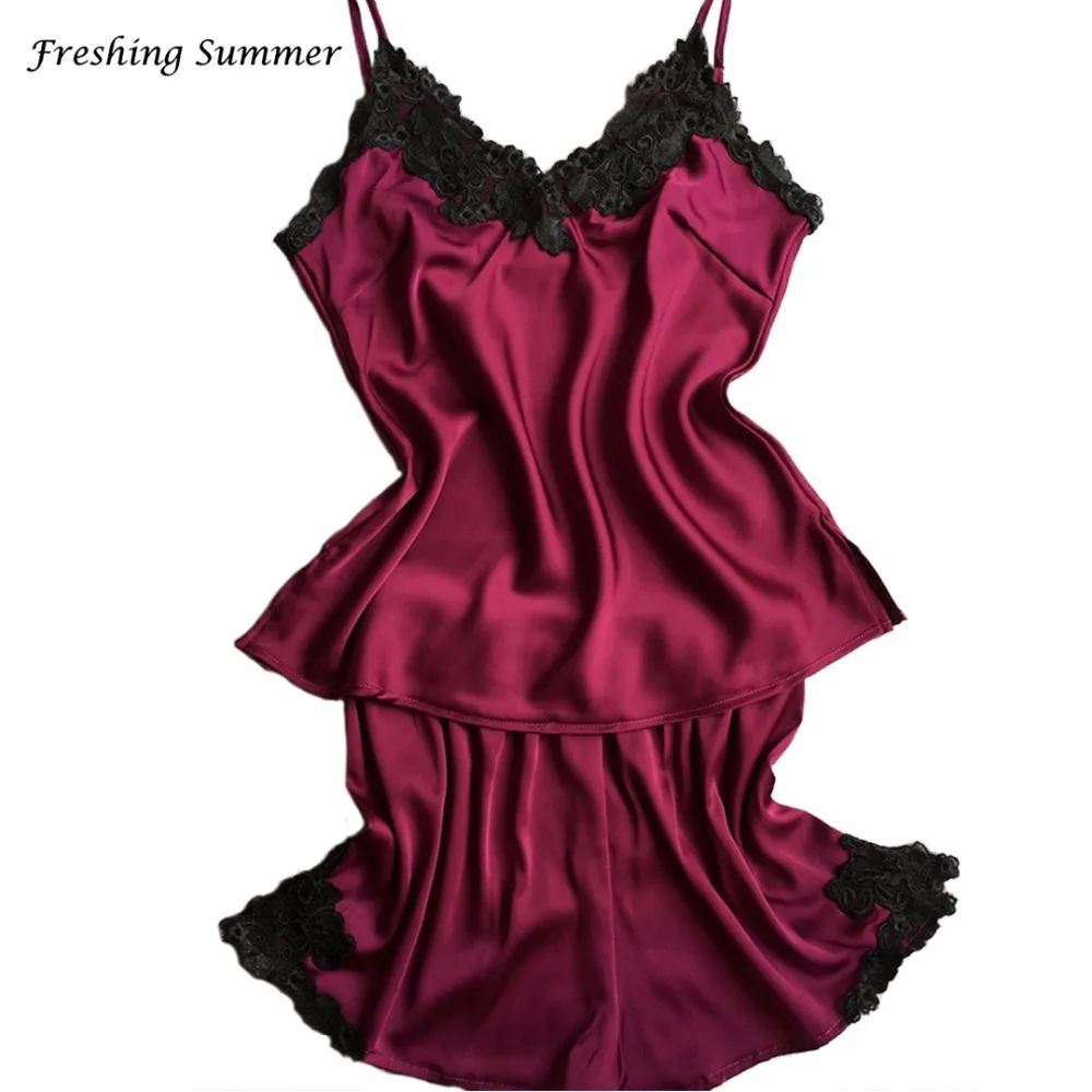 Freshing Summer Embroidered Lace Women Pajama Set Spaghetti Strap