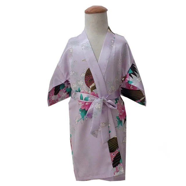 Павлин Детский халат атлас детей кимоно халаты подружки невесты платье с цветочным узором для девочек Шелковый детский халат ночная рубашка халат Размер 2-14 - Цвет: light purple