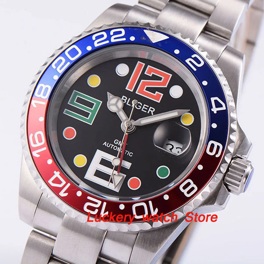 

Bliger 40mm black dial luminous saphire glass;blue and red Bezel GMT Automatic movement men's watch-BA25
