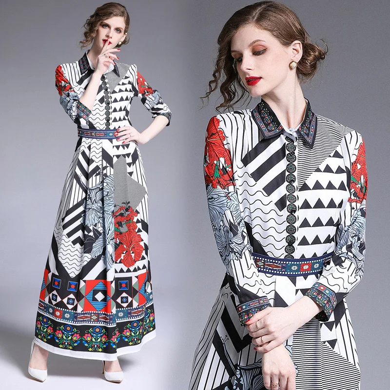 

2019 Spring Summer Fall Runway Floral Print Collar Long Sleeve Empire Waist Women Ladies' Party Casual A-Line Maxi Beach Dress