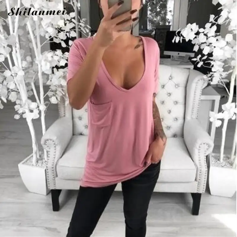 زائد حجم 5XL 4XL T قميص المرأة 2019 مثير عميق V الرقبة الصيف السببية T قميص فام قصيرة الأكمام الصلبة اللون فضفاضة الأساسية المحملة القمم