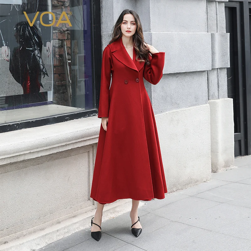

VOA Double Wool Coat Women Warm High Waist Tunic Cool Long Overcoat Ladies Outerwear INS Street Wear Snap Luxury Red Black SA817