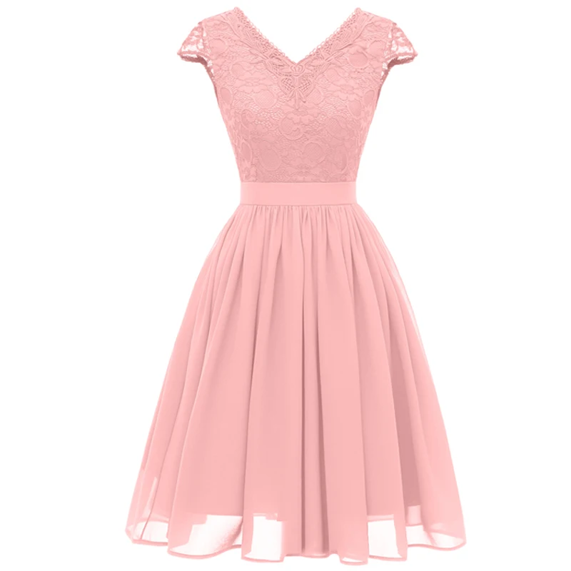 Women Sexy V Neck Lace Chiffon Dress Summer Fairy Retro Party Dress Slim Waist Robes femme ete 2018 Swing Vintage Dress Pink (7)