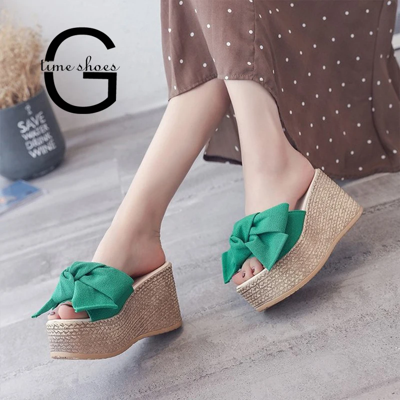 

Dropshipping Slipper Shoes Women Bowtie Sweet Solid Platform Wedges Sandals Slipper Beach Shoes Sandalias De Verano Mujer SE629