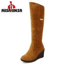 Mulheres Rodada Toe Wedge Salto Alto Joelho Botas de Camurça De Couro De Pele Quente Bota Cavaleiro Sapatos de Salto Mulher Botas Feminina Tamanho 34-43