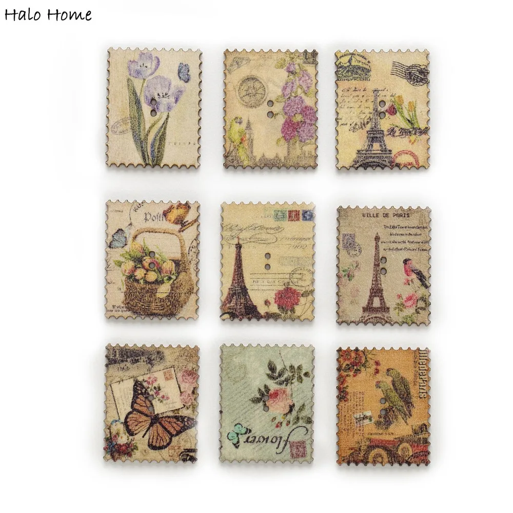 30pcs Wooden Sewing Buttons Vintage Postage Stamp Scrapbooking DIY Handcrafts
