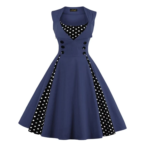 MISSJOY/одежда на булавке в ретро стиле; винтажные платья трапециевидной формы в клетку с цветочным принтом 50 s; Vestidos verano ; платье без рукавов с v-образным вырезом - Цвет: Тёмно-синий