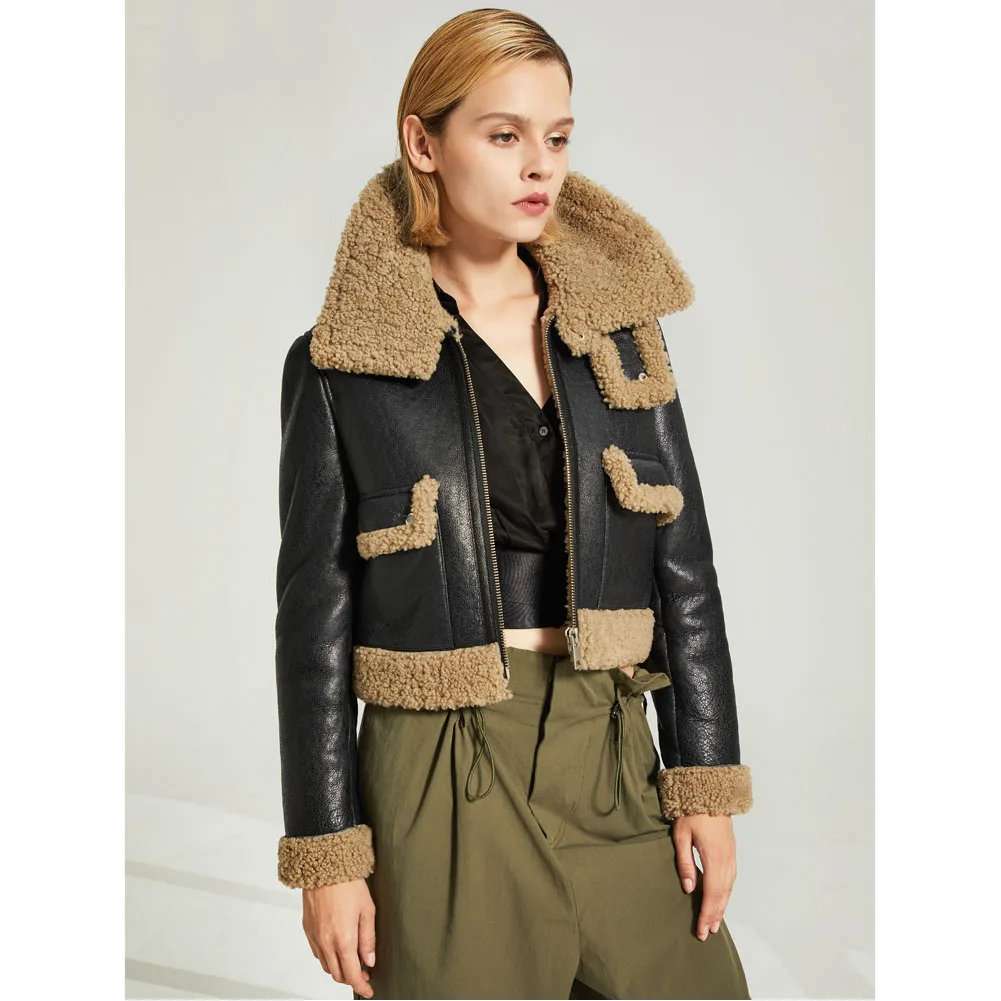 

Denny&Dora Women's Winter Warm Shearling Jacket Short Slim Fur Coat